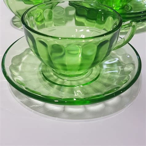 Set Of Three Vintage Green Depression Glass Cups And Saucers Hazel