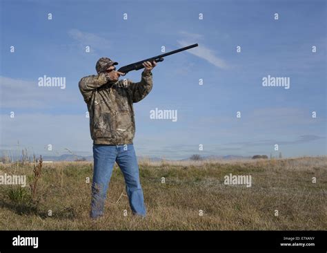 Man In Field Hunting Aiming Up Into The Sky With Shot Gun Stock Photo