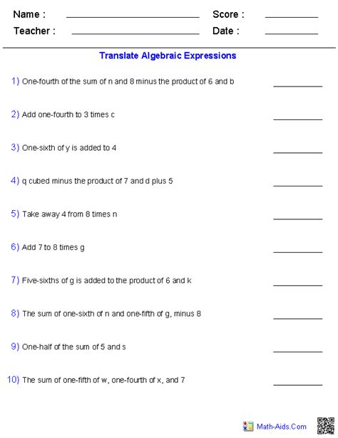 Worksheet algebraic expressions grade 7. Pre-Algebra Worksheets | Algebraic Expressions Worksheets