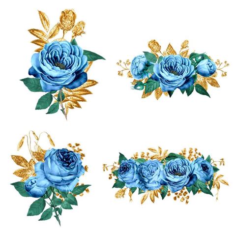 16 Png Blue Roses Bouquets With Gold Leaves Blue And Gold Etsy Blue
