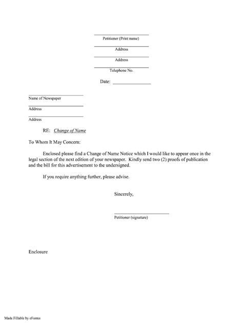Please find enclosed all documents needed to process this request, as well as a check payable in the amount of. PA Publication Notice Form Cover Letter (Change of Name ...