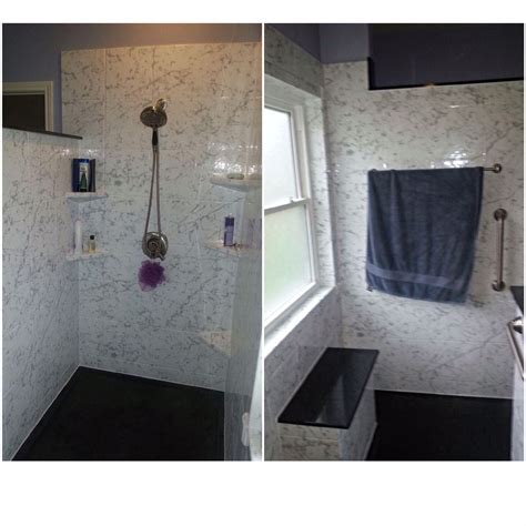 Our low threshold allows for easy access into your shower makes getting in and out a breeze! Rebath 12" Tile White Carrera with Onyx Custom Walk-In ...
