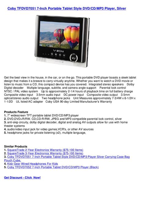 Coby Tfdvd7051 7 Inch Portable Tablet Style Dvdcdmp3 Player Silver By