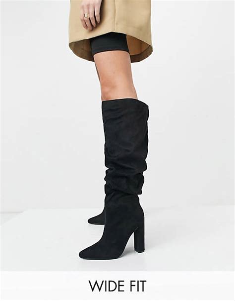 Zcodez Wide Fit Vanda Slouch Knee Boots In Black Black Asos