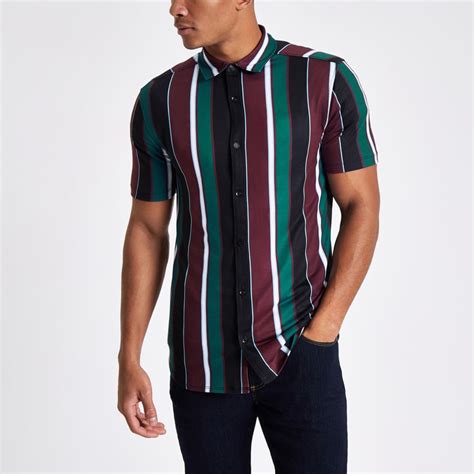 Burgundy Vertical Stripe Button Up Shirt Short Sleeve Shirts Shirts