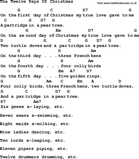 top 1000 folk and old time songs collection twelve days of christmas lyrics with chords and pdf