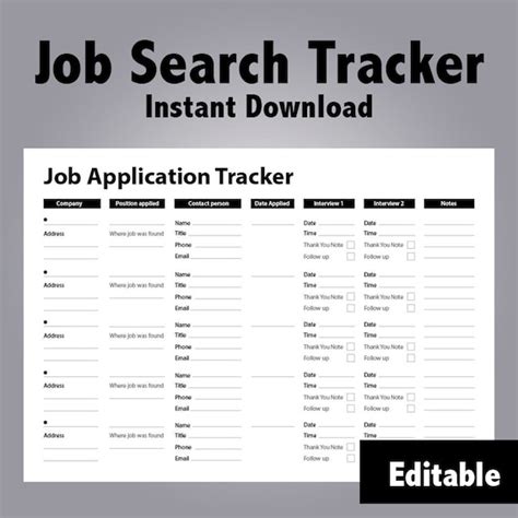 Job Search Tracker Organiser Editable Instant Download
