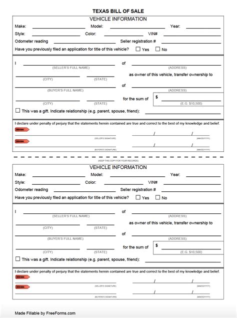 Printable Auto Bill Of Sale Texas Printable Form Templates And Letter