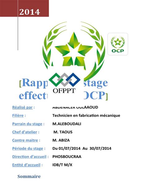 Rapport De Stage Ocp Acx Abdenacer Oulaaaoud Copie Pdf