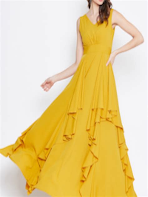 buy berrylush women mustard yellow ruffled solid maxi dress dresses for women 11348588 myntra