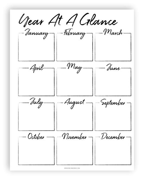 The Printable Year At A Glance Calendar Is Shown In Black Ink On White