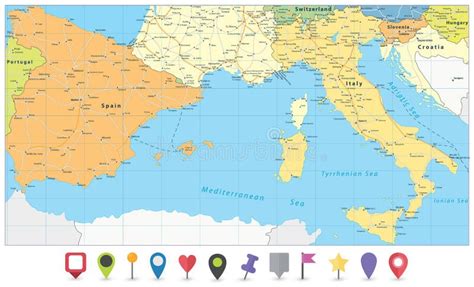 Mapa De España E Italia E Iconos De Mapa Plano Ilustración Del Vector