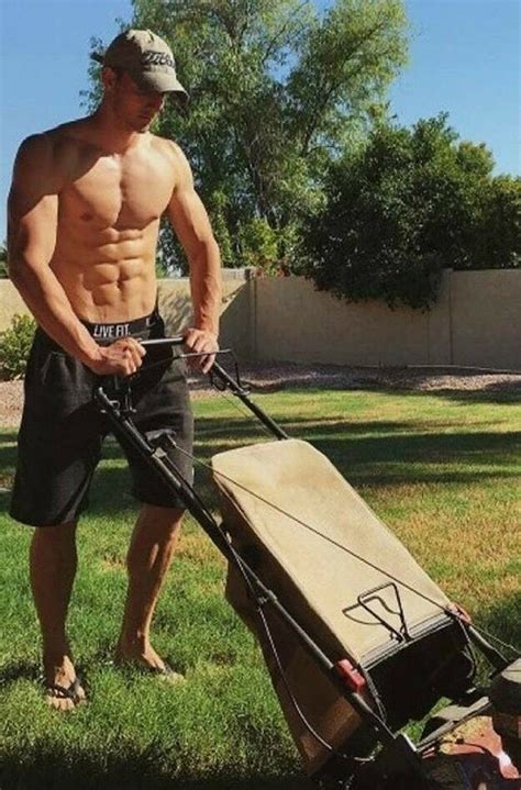 Shirtless Male Muscular Beefcake Lawn Mowing Hunk Jock Abs Pack Photo