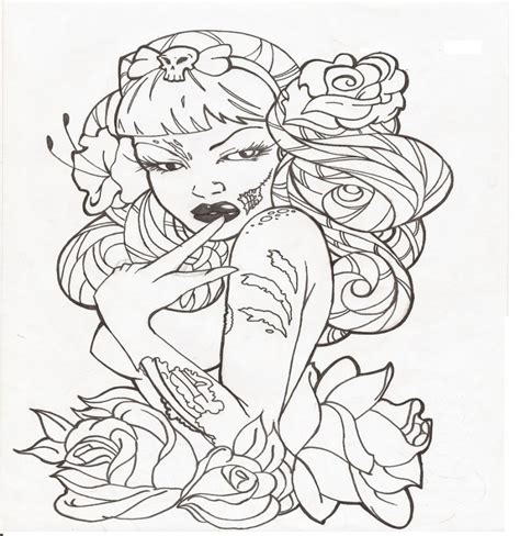 Lovely Colorless Pin Up Zombie Girl With Rose Buds Tattoo Design By