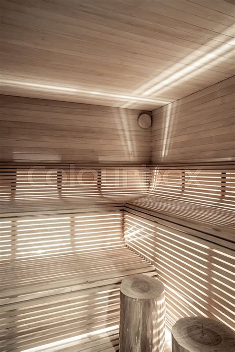 Light Wooden Sauna With Illumination Stock Image Colourbox