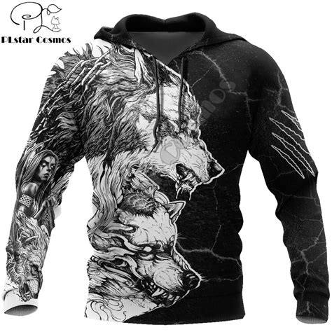 Brand Fashion Hoodies Tattoo Thunder Wolf Black 3d Printed Mens Hooded