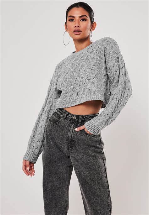 Grey Cable Knit Super Cropped Jumper | Missguided