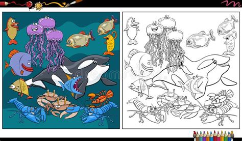 Cartoon Marine Animal Characters Group Coloring Page Stock Vector