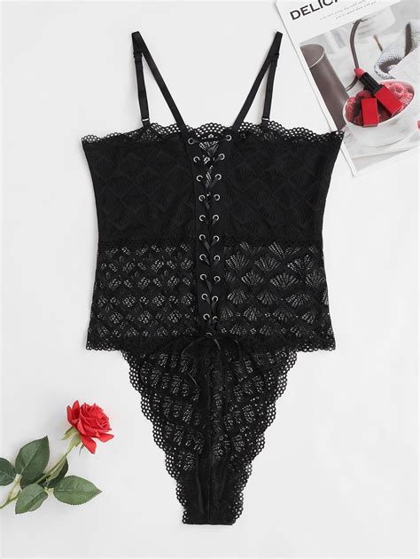Lace Up Snap Crotch Lace Teddy In Black Zaful 2023