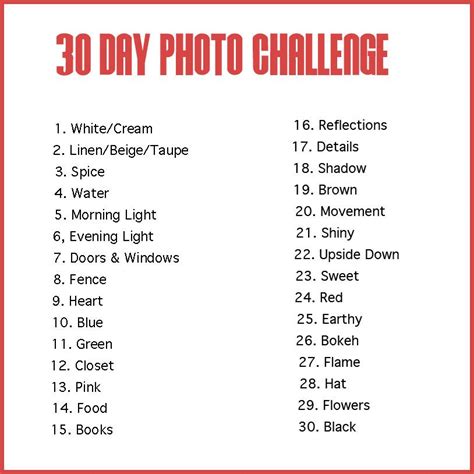The 30 Day Photo Challenge Is Shown With Red And White Text On It