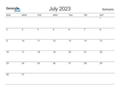 July 2023 Calendar With Barbados Holidays