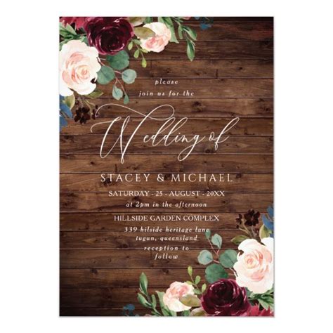 Rustic Wood Blush Burgundy Floral Elegant Wedding Invitation