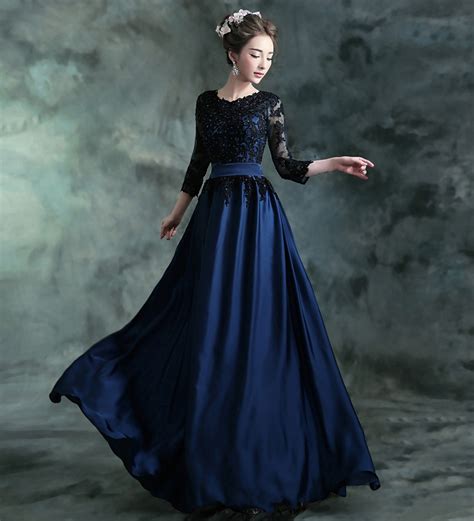 Black And Navy Blue Bridesmaid Dresses Long 2017 Lace 34 Sleeves Custom Made A Line Floor