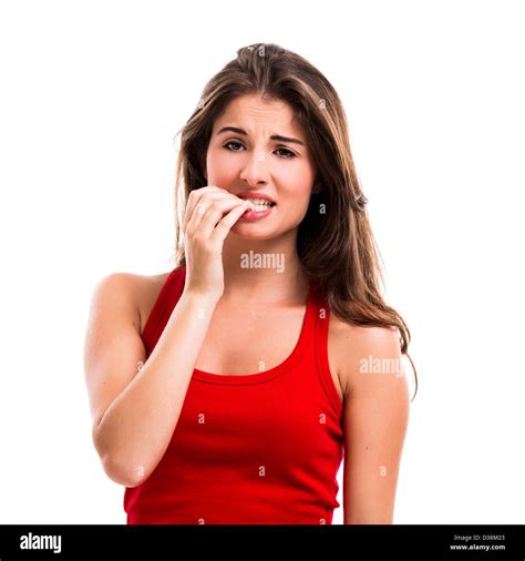 Beautiful Young Woman Biting Her Nails Isolated Over A White