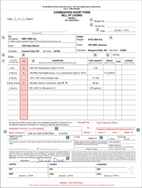 Bill Of Lading Forms Paper Form Chemical Safety Hazmat Bill Of