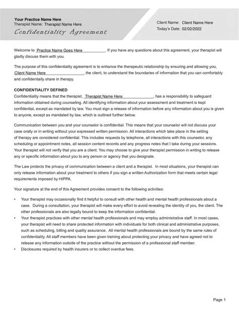 Confidentiality Agreement For Counseling PDF Template TherapyByPro