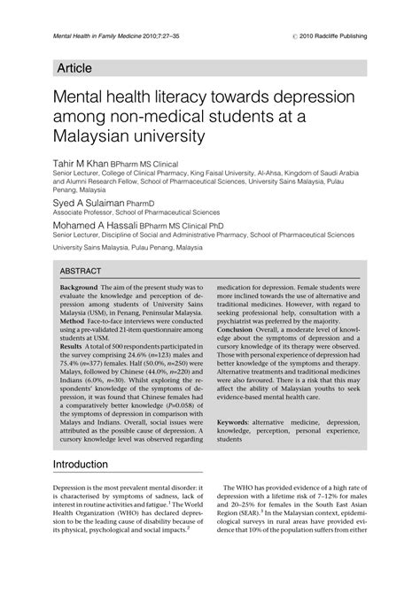 Universiti sains malaysia (usm), malaysia. (PDF) Mental health literacy towards depression among non ...