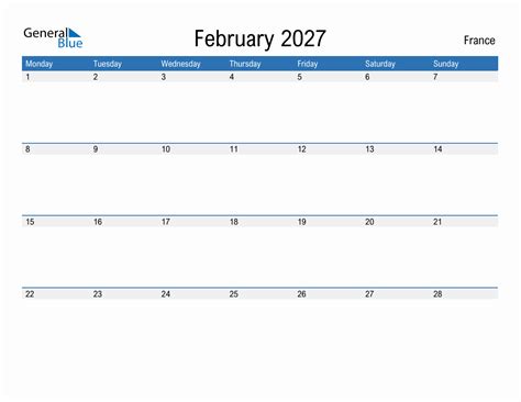 Editable February 2027 Calendar With France Holidays