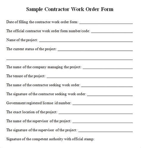 Free 3 Sample Contractor Work Order Forms In Pdf Ms Excel Ms Word