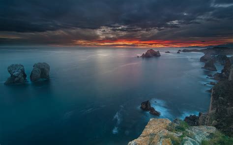 Nature Landscape Sunset Sea Clouds Rock Spain Coast Calm Sky