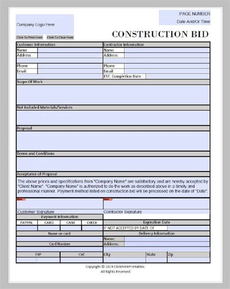 Construction Bid Project Form Template Simple Minimal Editable Etsy