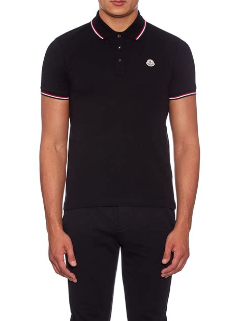 Moncler Striped Trim Cotton Piqué Polo Shirt In Black For Men Lyst