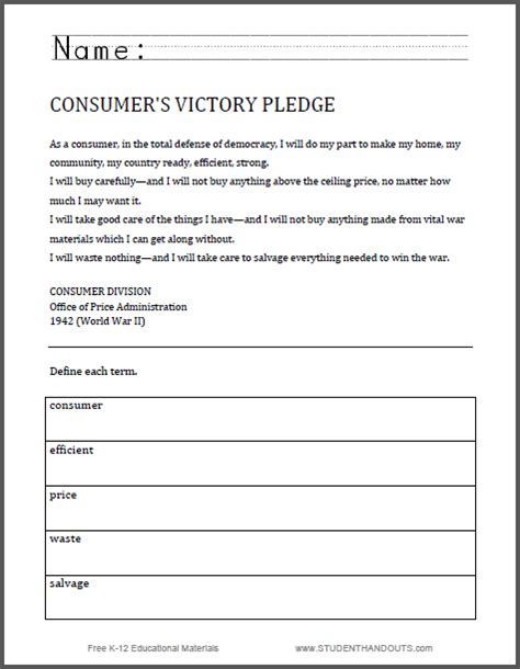 The worksheets on this page are designed for use in a world history class. Consumer's Victory Pledge (World War II) Worksheet - Free ...