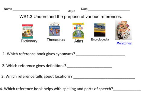 Reference sources are used to obtain a specific answer to a question or to indicate other sources to use during the research process. Reference Materials Worksheet
