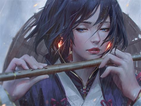 Semi Realistic Anime Girl Flute Raining Wallpapers