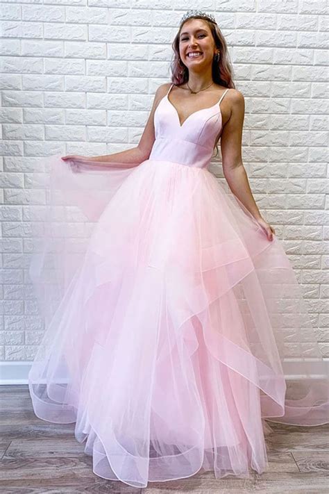 Pink Tulle Ruffles Spaghetti Straps Simple Long Prom Formal Dress