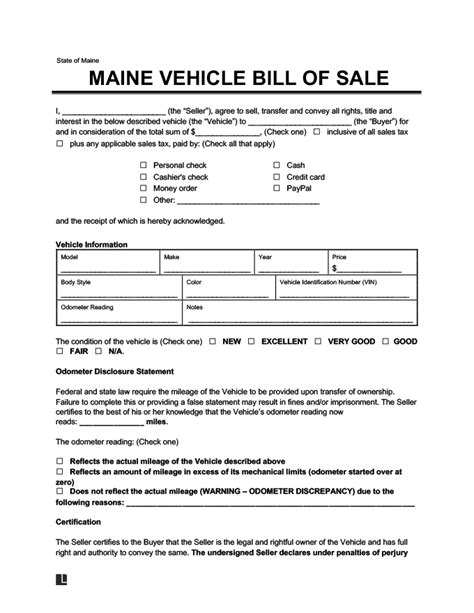 Free Maine Bill Of Sale Forms Pdf And Word Legal Templates