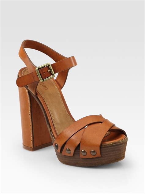Lyst Chloé Leather Wooden Sole Platform Sandals In Brown