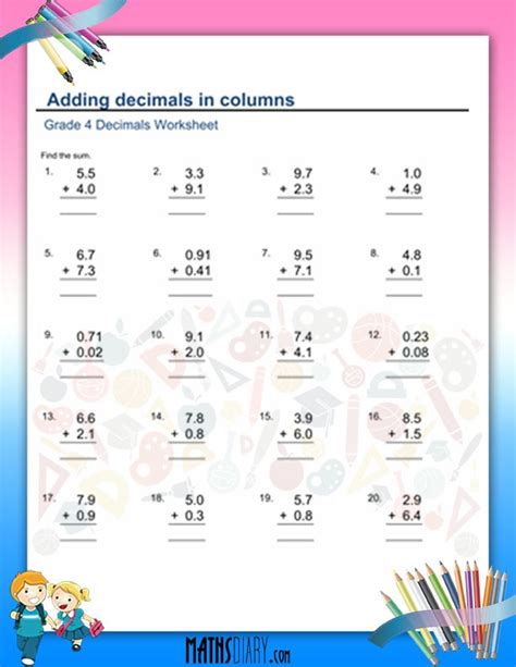 Addition Of Decimals Worksheet Grade 4 Math Worksheets