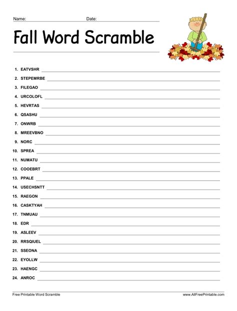Fall Word Scramble Free Printable
