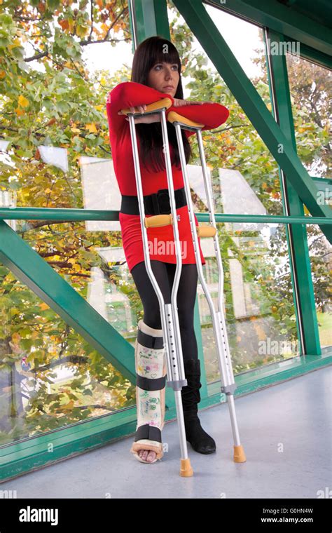 Woman With Leg Cast And Crutches In Hospital Stock Photo Alamy