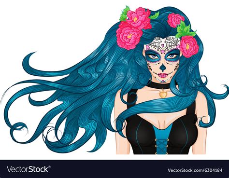 Mexican Sugar Skull Makeup Long Hair Girl Vector Image