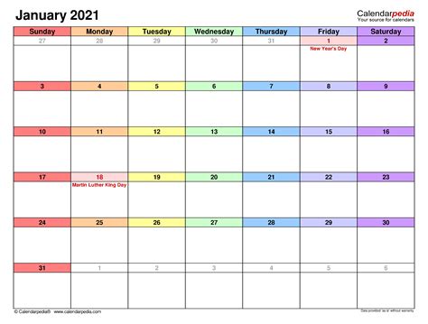 January 2021 Calendar Printable Free Monthly Printable January 2021