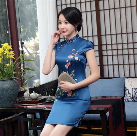 satin oriental flowers royal blue chinese short dress cheongsam qipao lcdress27 silk satin