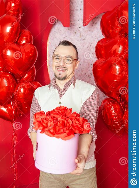 Funny Happy Bearded Retro Style Man In The White Vest T Box And Red Heart Shape Balloons