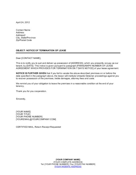 Free Landlord Notice Of Termination Of Lease Template By Cancellation